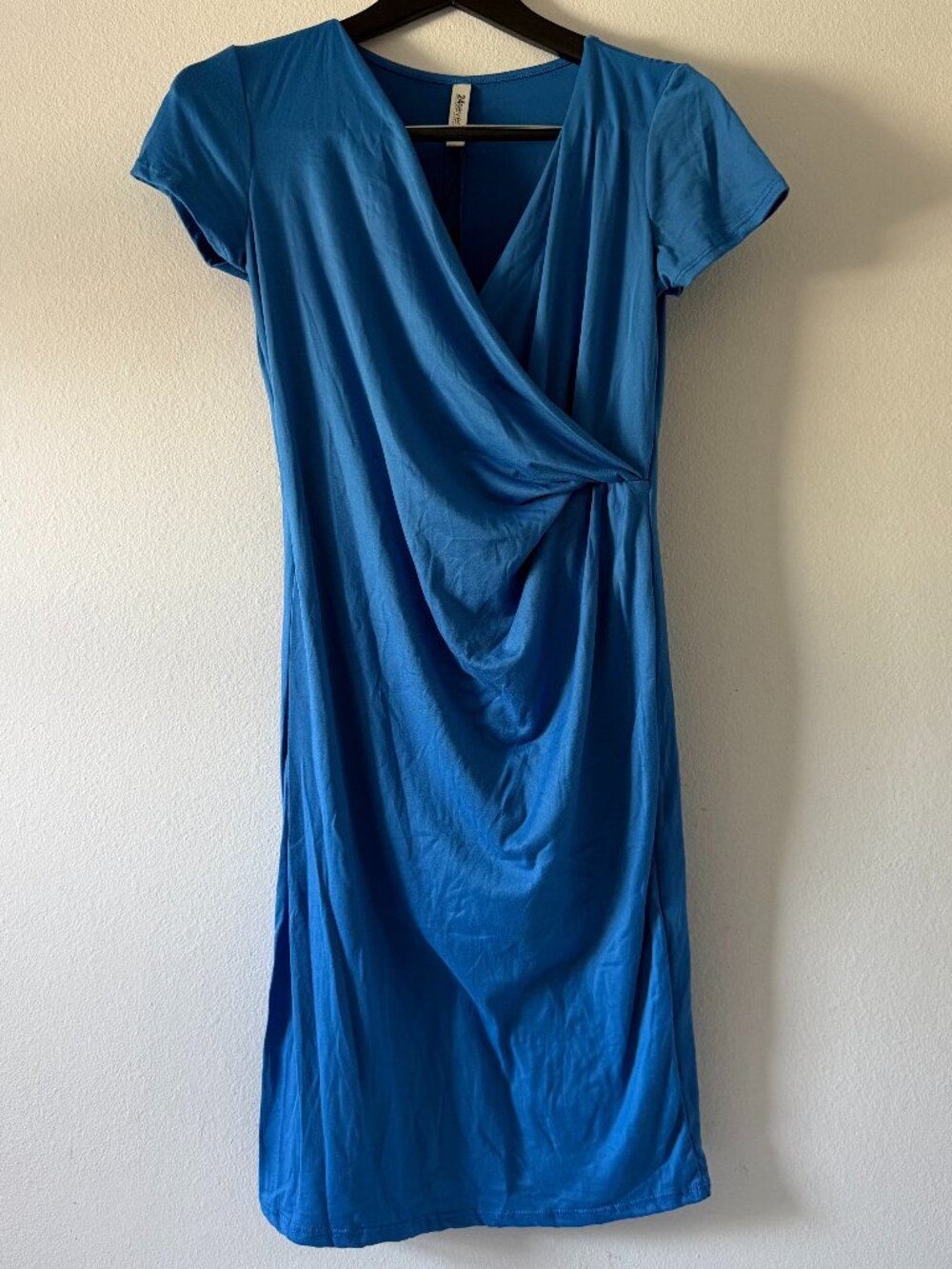 24seven Women's Faux Wrap Midi Dress Blue Short Sleeve Stretch Size S NWT